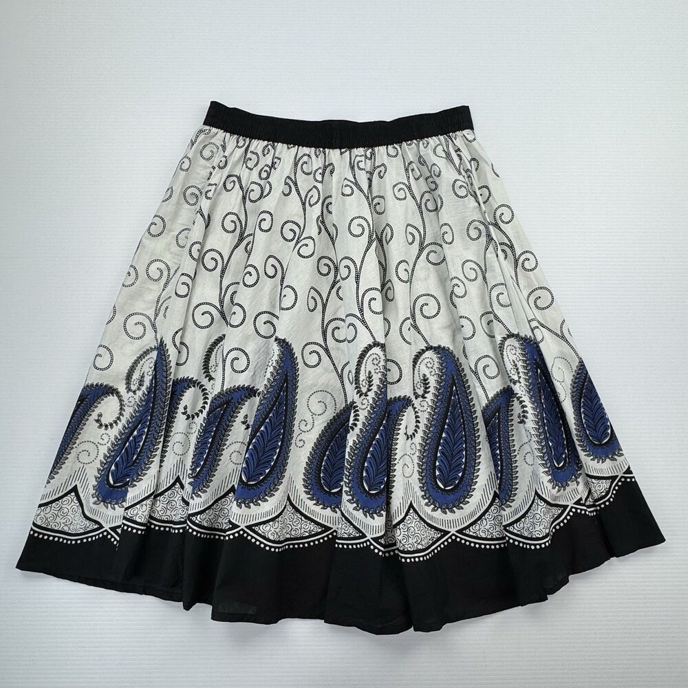 Studio West Paisley A-Line Skirt Blue Black White Cotton Midi Flared Size L - Picture 4 of 6